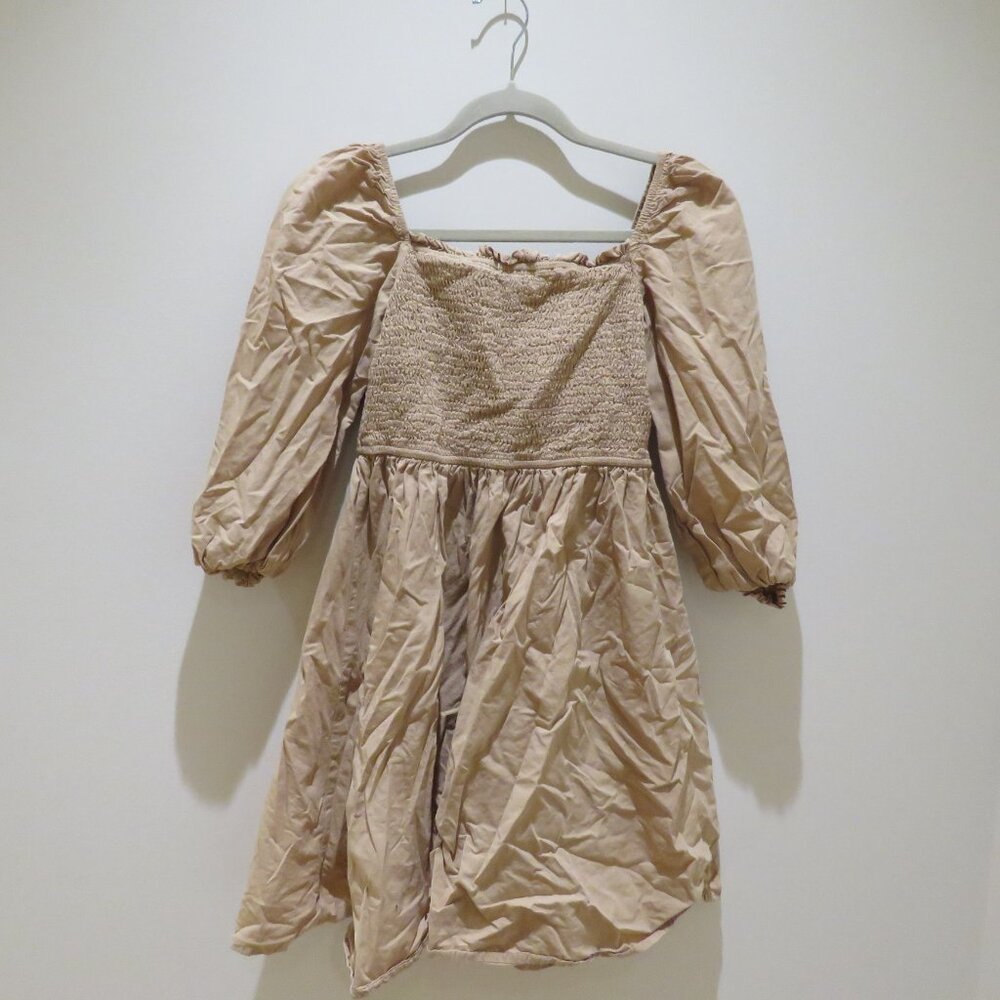 MOD REF Smocked Prairie Dress in Tan Beige Minimalist Trad Wife Cottagecore - Picture 7 of 12